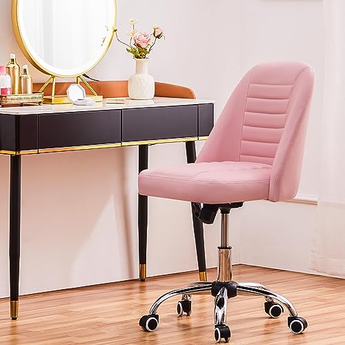 Yaheetech PU Leather Armless Office Chair Mid Back Desk Chair Computer Task Chair Modern Vanity Chair with Rolling Wheels, Metal Base Pink