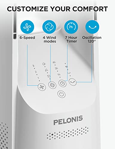 PELONIS Bladeless Tower Fan with 26-33ft Powerful Airflow, Alexa and Google Compatible, 6-Speed Settings, Quiet DC Motor, 120° Oscillation, 7-Hour Timer - Ideal for for Bedroom Home Office Use,White