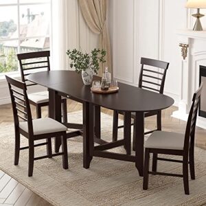 williamspace 84" dining table set for 6, 5-piece oval dining table set with upholstered rubber wood dining chairs for kitchen, retro drop-leaf table with spacious tabletop (dark brown)