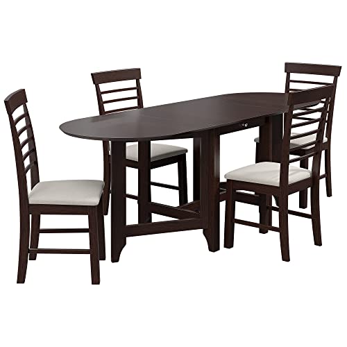 WILLIAMSPACE 84" Dining Table Set for 6, 5-Piece Oval Dining Table Set with Upholstered Rubber Wood Dining Chairs for Kitchen, Retro Drop-Leaf Table with Spacious Tabletop (Dark Brown)
