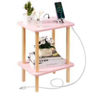 foraofur side table with charging station, small side table with 2 usb ports and outlets, small end tables for small spaces in living room, bedroom & nursery, 2 tier small nightstand