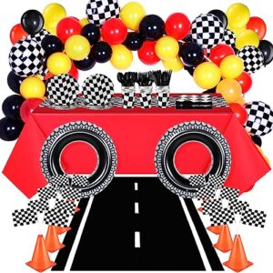 irenare 205 pcs car birthday party supplies racing party decorations, include 2 tablecloth 3 racetrack runner 16 traffic cones 8 checkered flags 2 wheels 52 balloons garland arch 120 racing tableware