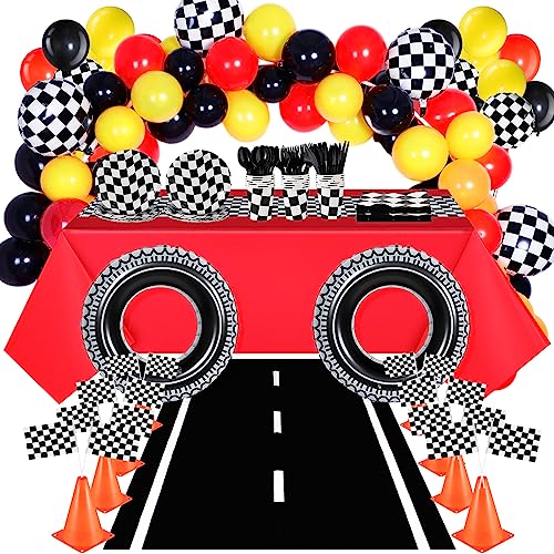 Irenare 205 Pcs Car Birthday Party Supplies Racing Party Decorations, Include 2 Tablecloth 3 Racetrack Runner 16 Traffic Cones 8 Checkered Flags 2 Wheels 52 Balloons Garland Arch 120 Racing Tableware