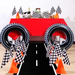 Irenare 205 Pcs Car Birthday Party Supplies Racing Party Decorations, Include 2 Tablecloth 3 Racetrack Runner 16 Traffic Cones 8 Checkered Flags 2 Wheels 52 Balloons Garland Arch 120 Racing Tableware