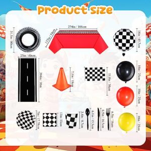 Irenare 205 Pcs Car Birthday Party Supplies Racing Party Decorations, Include 2 Tablecloth 3 Racetrack Runner 16 Traffic Cones 8 Checkered Flags 2 Wheels 52 Balloons Garland Arch 120 Racing Tableware