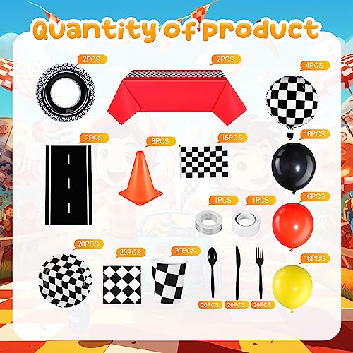 Irenare 205 Pcs Car Birthday Party Supplies Racing Party Decorations, Include 2 Tablecloth 3 Racetrack Runner 16 Traffic Cones 8 Checkered Flags 2 Wheels 52 Balloons Garland Arch 120 Racing Tableware