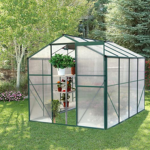 KELRIA 6x8 FT Hybrid Polycarbonate Greenhouse with Lockable Hinged Door, Sliding Door and 2 Vent Window, Walk-in Hobby Greenhouse Aluminum Hot House for Outdoor Garden Backyard, Green