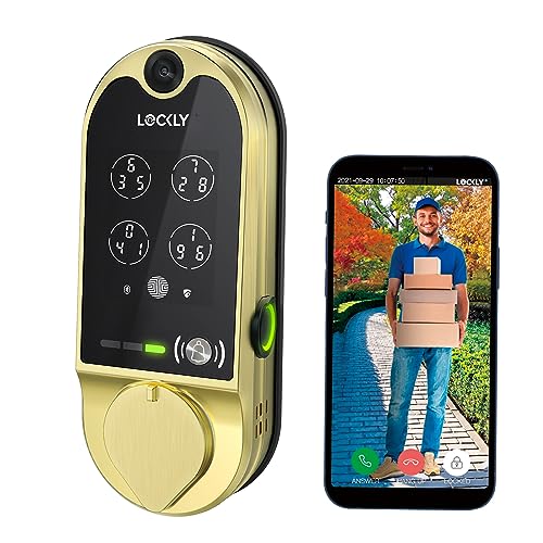 Lockly Vision Smart Lock, Camera Video Two-Way Audio 6-in-1 Keyless Entry Door Lock with Doorbell Fingerprint Door Lock with APP Control Digital Keypad Wi-Fi Deadbolt Door Locks- Brushed Gold