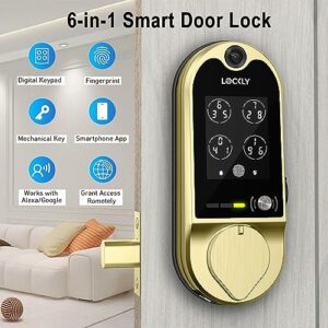 Lockly Vision Smart Lock, Camera Video Two-Way Audio 6-in-1 Keyless Entry Door Lock with Doorbell Fingerprint Door Lock with APP Control Digital Keypad Wi-Fi Deadbolt Door Locks- Brushed Gold