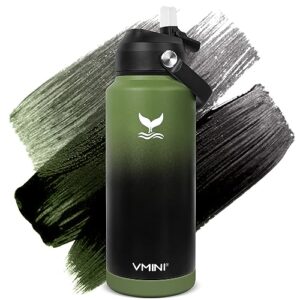 vmini water bottle with straw, insulated water bottle with straw and boot, stainless steel water bottle for sports and travel - insulated thermos for men, women & kids (32 oz olive green/black)