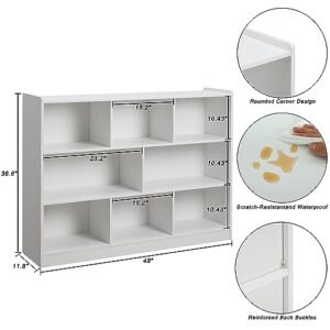 3-Tier Bookshelf, 8-Section Wooden Bookcase, Storage Organizer with Anti-Tilt Device, Modern Storage Display Cabinet for Living Room, Classroom, Kid’s Room (White)