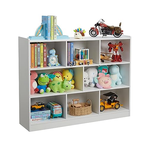 3-Tier Bookshelf, 8-Section Wooden Bookcase, Storage Organizer with Anti-Tilt Device, Modern Storage Display Cabinet for Living Room, Classroom, Kid’s Room (White)