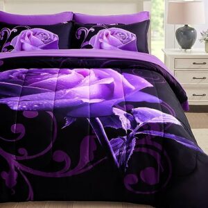 purple comforter set queen, reversible purple rose printed 7 pieces bed in a bag, lightweight soft microfiber comforter bedding sets with comforter, flat sheet, fitted sheet, pillowcases & shams
