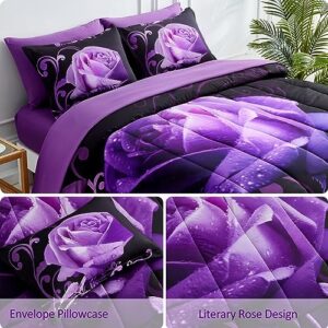 Purple Comforter Set Queen, Reversible Purple Rose Printed 7 Pieces Bed in a Bag, Lightweight Soft Microfiber Comforter Bedding Sets with Comforter, Flat Sheet, Fitted Sheet, Pillowcases & Shams