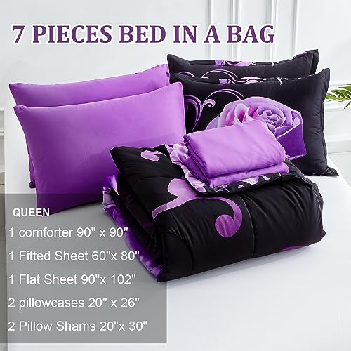 Purple Comforter Set Queen, Reversible Purple Rose Printed 7 Pieces Bed in a Bag, Lightweight Soft Microfiber Comforter Bedding Sets with Comforter, Flat Sheet, Fitted Sheet, Pillowcases & Shams