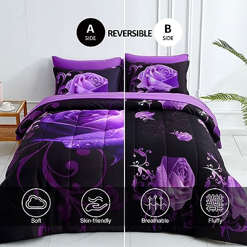 Purple Comforter Set Queen, Reversible Purple Rose Printed 7 Pieces Bed in a Bag, Lightweight Soft Microfiber Comforter Bedding Sets with Comforter, Flat Sheet, Fitted Sheet, Pillowcases & Shams