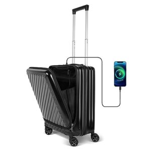 ioiohahaun 20 inch carry on luggage with pocket compartment - pc hard suitcase with usb port - 22x14x9 travel luggage airline approved - black