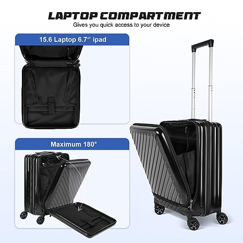 ioiohahaun 20 Inch Carry On Luggage with Pocket Compartment - PC Hard Suitcase with USB Port - 22x14x9 Travel Luggage Airline Approved - Black