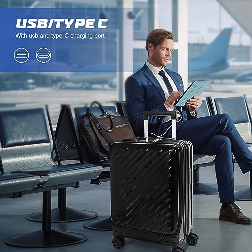 ioiohahaun 20 Inch Carry On Luggage with Pocket Compartment - PC Hard Suitcase with USB Port - 22x14x9 Travel Luggage Airline Approved - Black