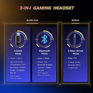 Gvyugke Wireless Gaming Headset 2.4GHz USB for PS5, PS4, PC, Switch, Mac, Bluetooth 5.2 Gaming Headphones with Detachable Microphone for Gamer, Surround Sound, 3.5mm Wired Jack for Xbox Series(Black)