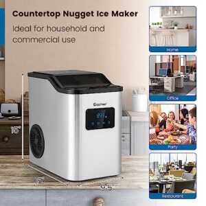 COSTWAY Nugget Ice Maker Countertop, 60 Lbs/24H, Pebble Ice Machine with Self-Cleaning, 12H Appointment Function, 2 Ways Refill Water, Portable Ice Maker for Home Office Bar Party, Stainless Steel