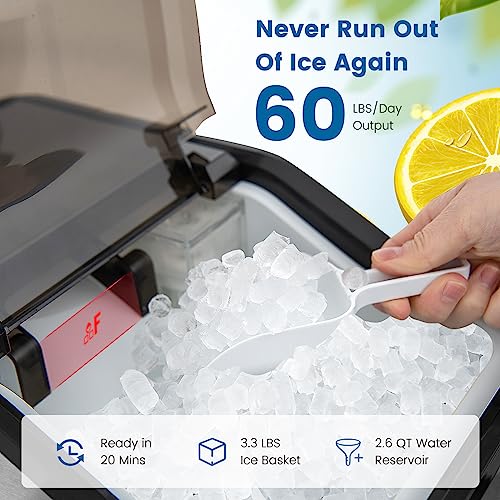 COSTWAY Nugget Ice Maker Countertop, 60 Lbs/24H, Pebble Ice Machine with Self-Cleaning, 12H Appointment Function, 2 Ways Refill Water, Portable Ice Maker for Home Office Bar Party, Stainless Steel