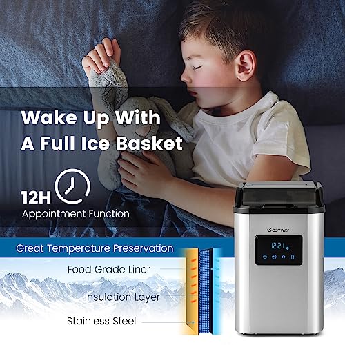 COSTWAY Nugget Ice Maker Countertop, 60 Lbs/24H, Pebble Ice Machine with Self-Cleaning, 12H Appointment Function, 2 Ways Refill Water, Portable Ice Maker for Home Office Bar Party, Stainless Steel