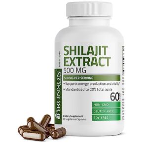 Bronson Shilajit Extract 500 MG Per Serving, Supports Energy Production & Vitality, Standardized to 20% Total Acids, Non-GMO, 60 Vegetarian Capsules