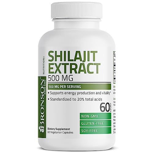 Bronson Shilajit Extract 500 MG Per Serving, Supports Energy Production & Vitality, Standardized to 20% Total Acids, Non-GMO, 60 Vegetarian Capsules