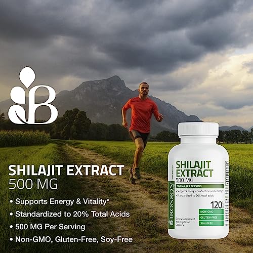 Bronson Shilajit Extract 500 MG Per Serving, Supports Energy Production & Vitality, Standardized to 20% Total Acids, Non-GMO, 60 Vegetarian Capsules