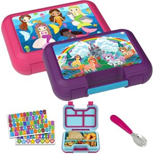 mainstream source kids grab-and-go bento lunch bento box – includes removable tray w/ 5 compartments, spork, & name stickers, the ultimate kids lunch box (2 pack, unicorns castle & mermaids)