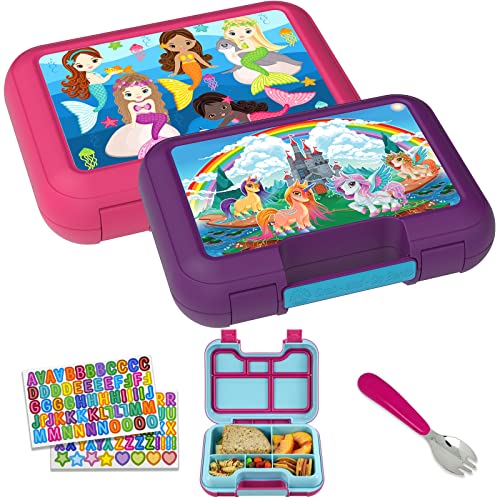 Mainstream Source Kids Grab-and-Go Bento Lunch Bento Box – Includes Removable Tray w/ 5 Compartments, Spork, & Name Stickers, the Ultimate Kids Lunch Box (2 Pack, Unicorns Castle & Mermaids)