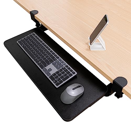 EBMaffinity Ergonomic Slide-Out Keyboard Tray Under Desk - Black Pull-Out Stand/Sit Keyboard and Mouse Tray with No-Drill Simple Installation C Mounts, Sleek Smartphone Stand Included