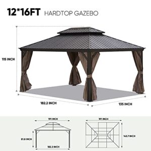 12x16FT Hardtop Gazebo Canopy,Outdoor Gazebo with Galvanized Steel Double Roof,Patio Hot Tub Backyard Sun Shade Canopy with Netting,Luxury Backyard Canopy Tent for Patio,Garden, Deck, Lawn