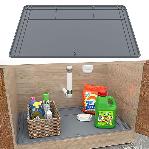 Under Sink Mat for Kitchen Waterproof - 34" x 22" Cuttable Under Sink Liner with Drain Hole - Under the Sink Mats Protector for Kitchen & Bathroom Cabinet - Silicone Under Sink Drip Tray Easy to Clean