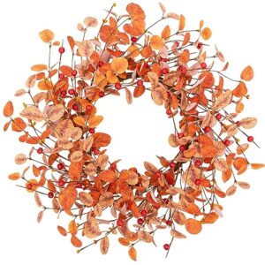 vgia 18 inch fall wreath eucalyptus leaves wreath artificial autumn wreath for front door fall leaves wreath with berries fall decorations for home and farmhouse
