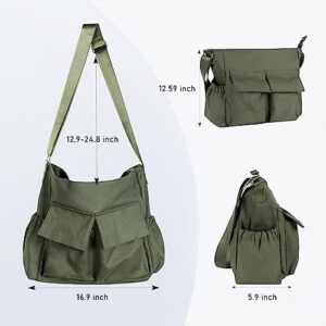 Canvas Messenger Bag Crossbody Shoulder Bag for Men and Women Vintage Tote Laptop Bag Large Hobo Bag with Multiple Pockets (Army Green)