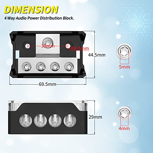 Joinfworld 4 Way Power Distribution Block Car Audio 0/2/4 Gauge Input 4/8/10 Gauge Output Amp Ground Distribution Block Splitter - 2pcs