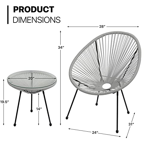 MoNiBloom 3 Piece Outdoor Seating Acapulco Chair, Modern Patio Furniture Outdoor Conversation Set, Glass Top Table and 2 Metal Steel Chairs for Garden Poolside Balcony, Weight Capacity 250 lbs, Grey