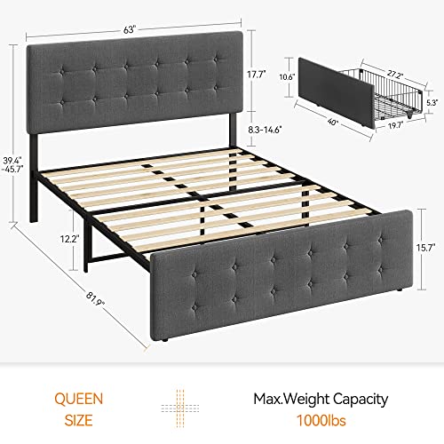 IDEALHOUSE Queen Bed Frame with 4 Storage Drawers,Grey Queen Size Platform Upholstered Bed Frame with Headboard and Wooden Slats Support,No Box Spring Needed