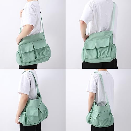 Canvas Messenger Bag Crossbody Shoulder Bag for Men and Women Vintage Tote Laptop Bag Large Hobo Bag with Multiple Pockets (Grass Green)