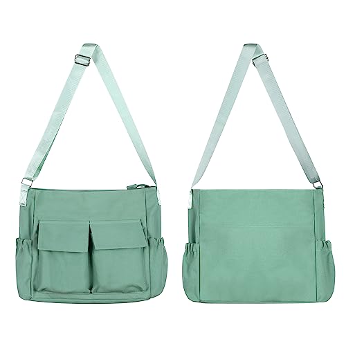 Canvas Messenger Bag Crossbody Shoulder Bag for Men and Women Vintage Tote Laptop Bag Large Hobo Bag with Multiple Pockets (Grass Green)