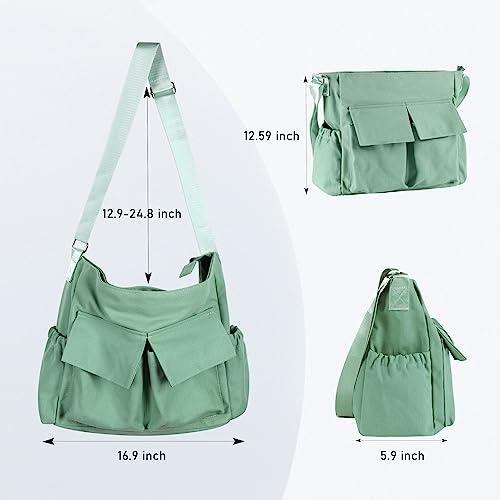 Canvas Messenger Bag Crossbody Shoulder Bag for Men and Women Vintage Tote Laptop Bag Large Hobo Bag with Multiple Pockets (Grass Green)