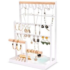 Lolalet Jewelry Holder Organizer Necklace Stand, 6 Tier Jewelry Rack Necklace Holder with 15 Hooks and Bottom Tray, Jewelry Tower Display Storage Tree for Bracelets Earrings Rings -White