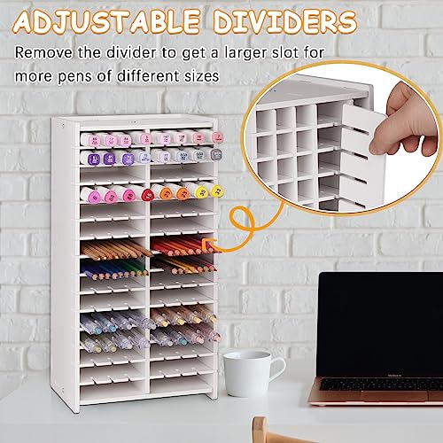 Loghot Marker Storage Organizer Marker Holder 120 Slots Marker Organizer for Desk with Removable Divider Art Marker Rack to Storage Markers Pens Colored Pencils Art Supply (White 120 holes)