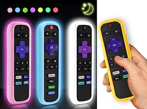 （4 Pack） ONEBOM Cover for Roku Remote, Case for Hisense/TCL Roku TV Steaming Stick/Express Universal Replacement Controller Silicone Sleeve Skin Glow in The Dark （Blue Pink White） Yellow