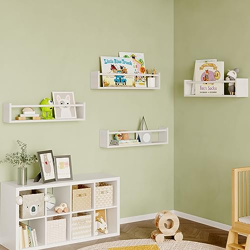 Fixwal Nursery Book Shelves, 16.5 Inch Floating Bookshelves for Nursery Decor & Playroom Decor, Set of 4, Solid Wood Wall Mounted Shelves for Books, Toys and Decor Storage (White)