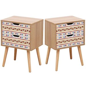 end side table nightstand set of 2, night stand with drawers, modern bohemian drawer night stand, solid wood legs, for sofa side table, bedroom bedside table