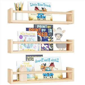 fixwal nursery book wall shelves, 16.5 inch floating bookshelves for wall set of 3, baby nursery decor, solid wood wall mounted shelves for books, toys and decor storage (natural wood)