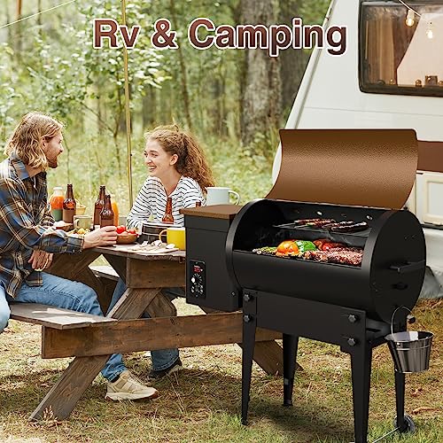 KingChii 2023 Upgrade Portable Wood Pellet Grill + Cover Multifunctional 8-in-1 BBQ Grill with Automatic Temperature Control Foldable Leg for Backyard Camping Cooking Baket,456 sq in Golden Orange